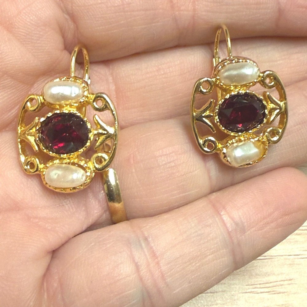 Vintage Style Gold Tone Faux Garnet and Pearl Filigree Leverback Drop Earrings